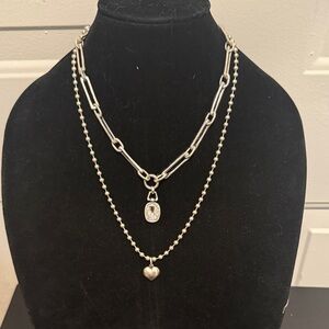 Layered Silver-Tone Paper Clip Chain Necklace Crystal Charm & Heart Pendant NWT